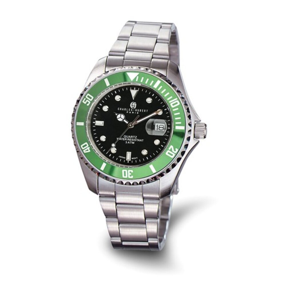 Charles Hubert Men's Stainless Steel Watch - Black Dial - Green Bezel - 40mm